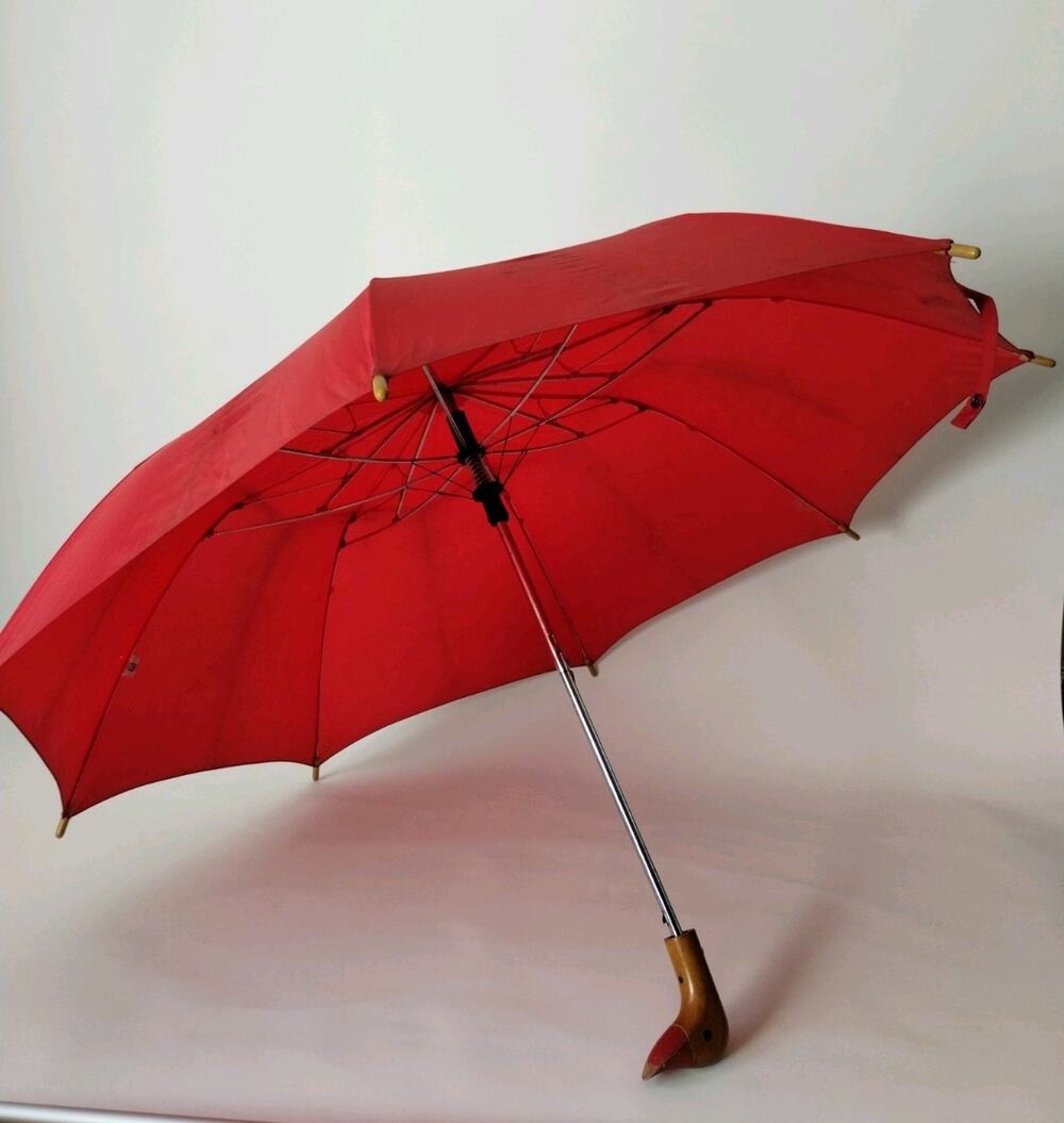 Vintage Raines 1980s Red Wood Duck Handle Push Button Compact Umbrella